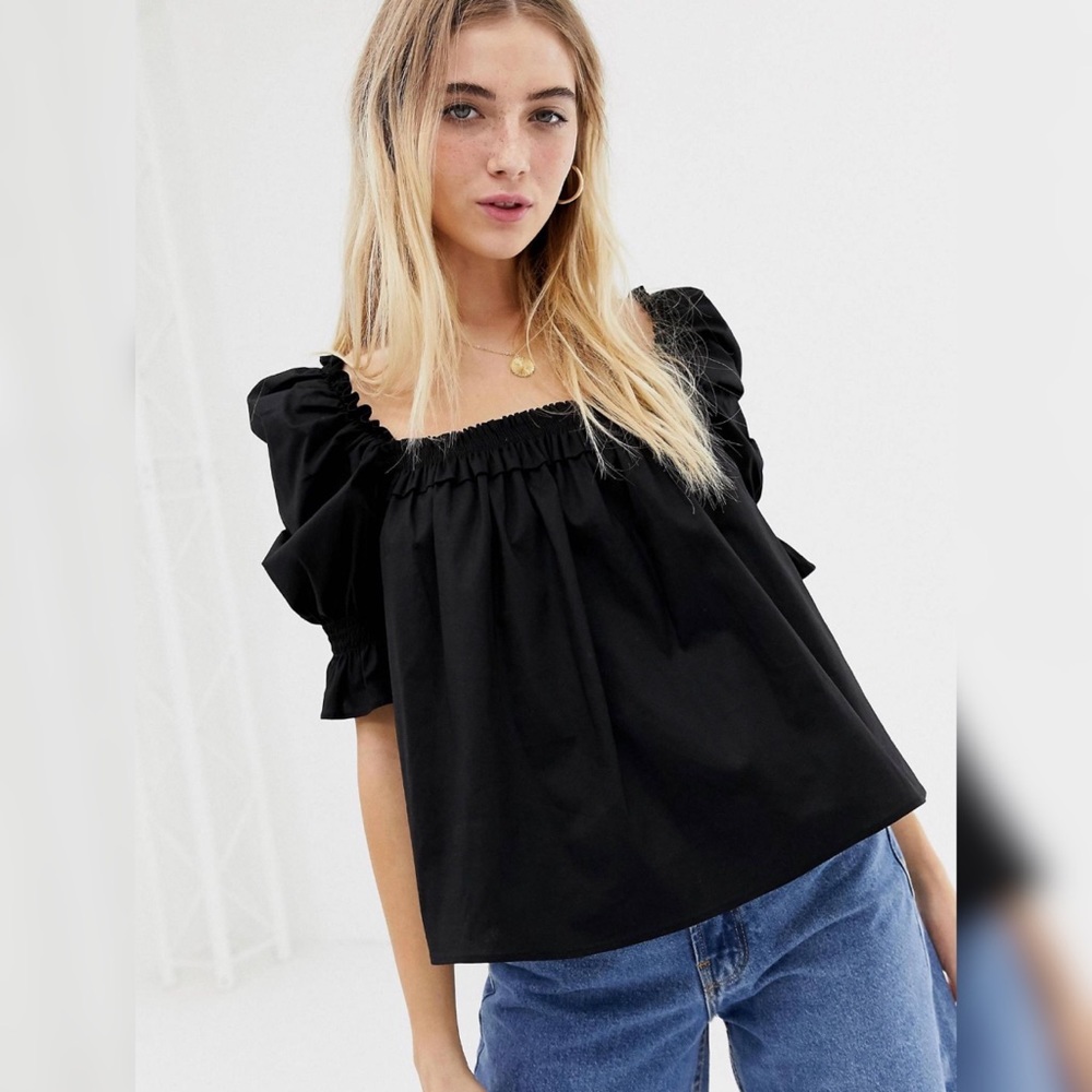 Black Square Neck Puff Sleeve Top ASOS